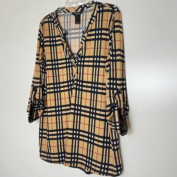 Ali Miles Plaid Blouse Camel Black Red Check Long Roll Up Tab Sleeve Tunic Large - Picture 2 of 8